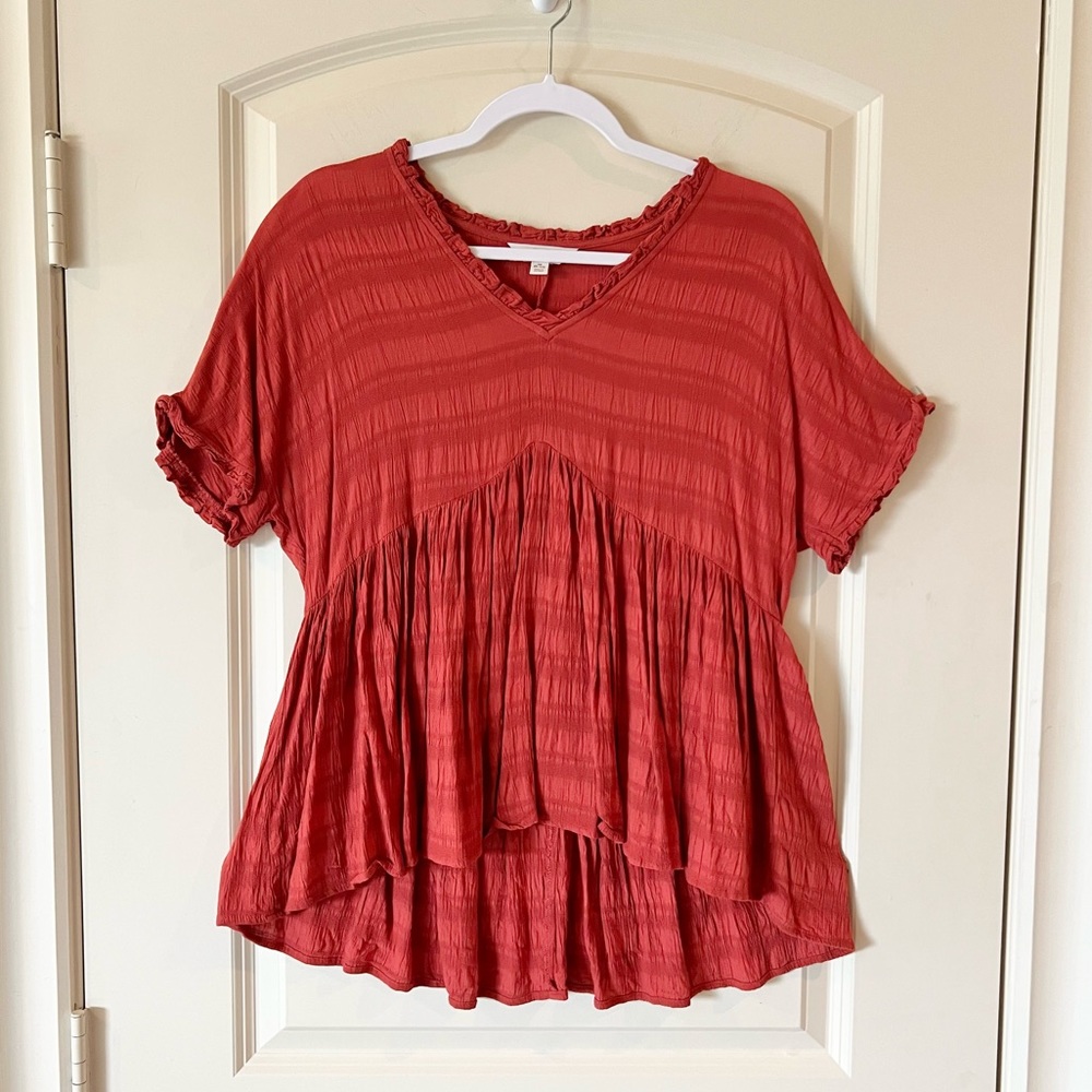Time and Tru Rust Boho Babydoll Blouse - Flowy Ruffle Top size Medium